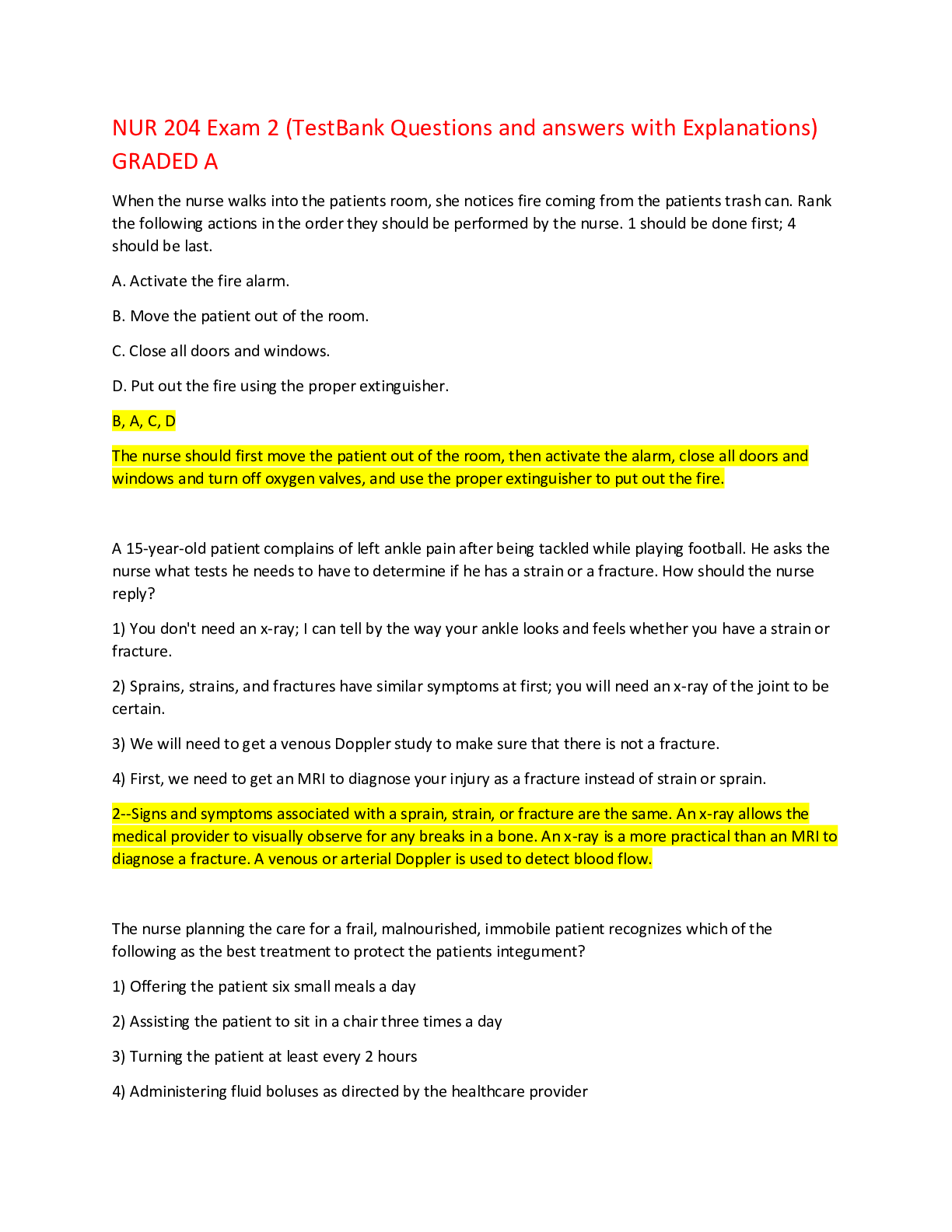 NUR 204 Exam 2 (TestBank Questions and answers with Explanations) GRADED A